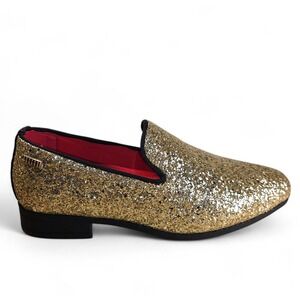 Mens Gold Glitter Loafers Size 6 Slip On Party Formal Dance Shoes Red Lining New